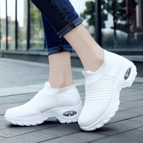 White Socks Sneakers Women Lady Cushioning Running Shoes Breathable Light Height Increasing Sport Shoes Flat Slip on Big Size 42