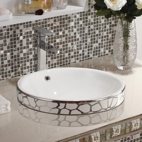 Round Ceramics Semi Mosaic Semi Hanging Washbasin ceramic wash basin Semi Embedded bathroom sink silver