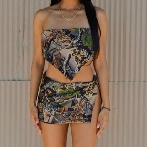 Fashion Printed Strapless Off Shoulder Tube Crop Top and High Split Skirt Bodycon Set Two Piece Women Club Party Outfits