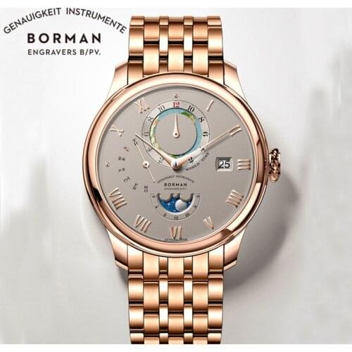 Borman Classic 316L Stainless Steel Atuomatic Mechanical Mens Watch Moon Phase World Time Watch Sapphire Waterproof 50M Watches