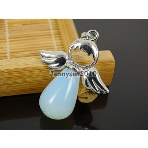 Natural White Opalite Gems Stone Angel Wing Teardrop Healing Pendant Charm Beads Healing Jewelry Design 10Pcs/Pack