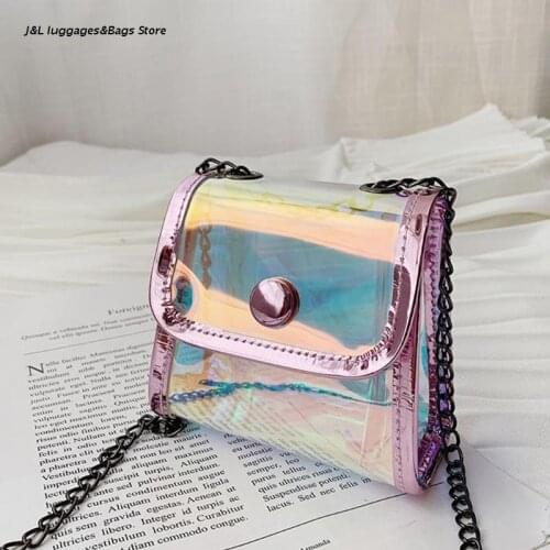 M68C Transparent Handbag Mini Clear Clutch Messenger Bag with Chains for Girls Children Holographic Crosshoulder Bag