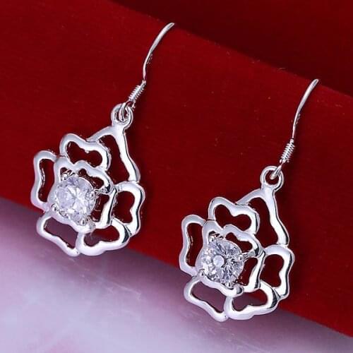 E187 Silver Color Earrings For Women Wholesale Free Shipping Charm Christmas Gifts Fashion Inlaid Hollow Plum Flower Earrings