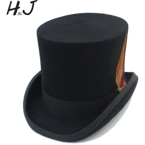 Top Hat 15cm(5.89inch) 100% Wool Women Men Black Fedora Steampunk Hat With Feather Mad Hatter Magic Top Caps 4Size 55 57 59 61