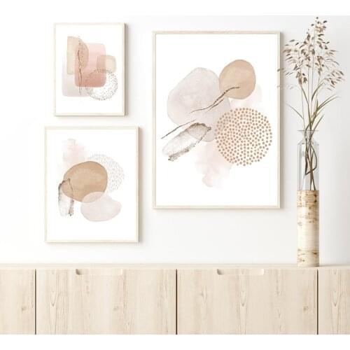 Abstract Modern Blush Pink Ivory Beige Watercolor Poster Gold Elements Canvas Print Wall Art Painting Living Room Decoration