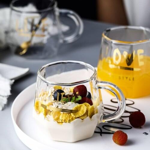 Creative Geometry Glass Mug Gold Plated Letter Handle Cup Coffee Milk Tea Wine Lemon Juice Mugs Home Drinkware Couple Gifts