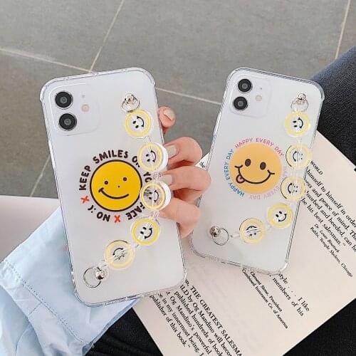 Cartoon Smile Face Clear Phone Case With Smiley Bracelet Chain For iPhone 11 12 Pro Max XR XS Max X 7 8 Plus Soft TPU Cover Capa