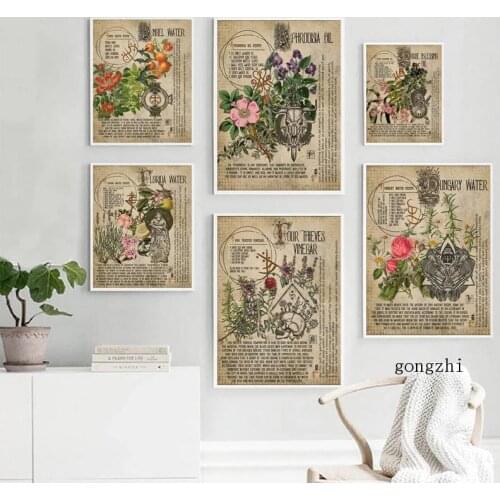 Vintage Herbal Flower Plant Poster Retro Witchcraft Potion Canvas Painting and Prints Wall Art Pictures for Living Room Decor