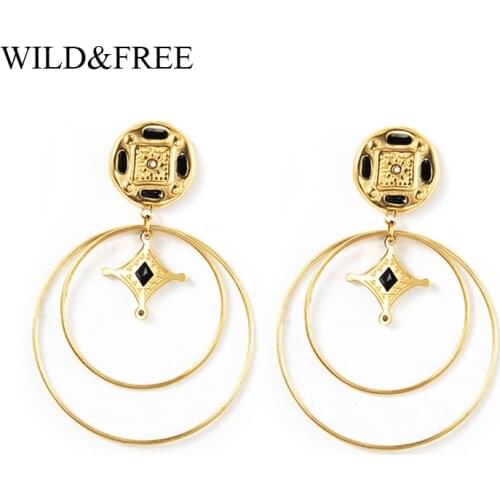 Wild&Free New Stainless Steel Round Circle Dangle Earrings For Women Vintage Statement Black Enamel Geometric Drop Earrings Gift