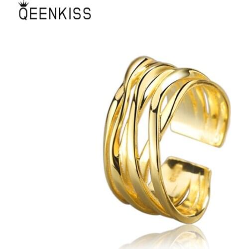 QEENKISS RG698 Fine Jewelry Wholesale Fashion Woman Girl Birthday Wedding Simplicity Round Line18KT Gold White Gold Opening Ring