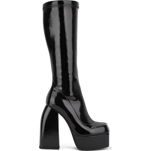 Top Quality Womens High Heeled Boots Female Knee High Platform Boots Square Toe Ladies Shoes Solid Concise Punk Motorcycle 2021