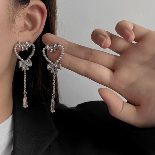 VSnow Bling Bling Rhinestone Love Heart Bowknot Dangle Earring for Women Girls Hollow Out Long Tassel Faux Pearl Earring Jewelry