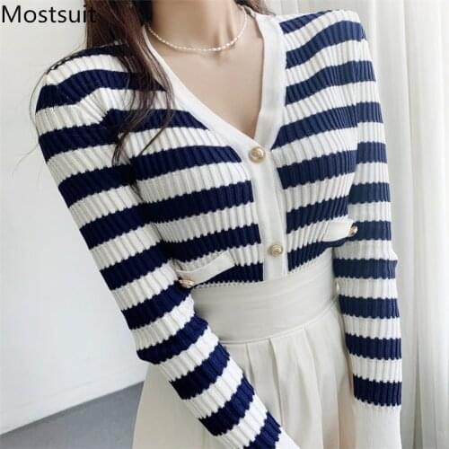 Knitted Striped Women Cardigan Sweater 2021 Autumn Full Sleeve V-neck Single-breasted Tops Elegant Vintage Fashion Junpers Femme