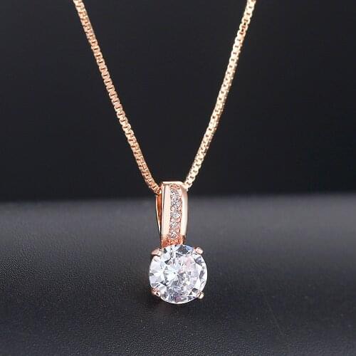 Classic Round Crystal Pendant Necklaces for Women Valentines Day Present Rose Gold Color Classic AAA+CZ Chain Link Jewelry N330