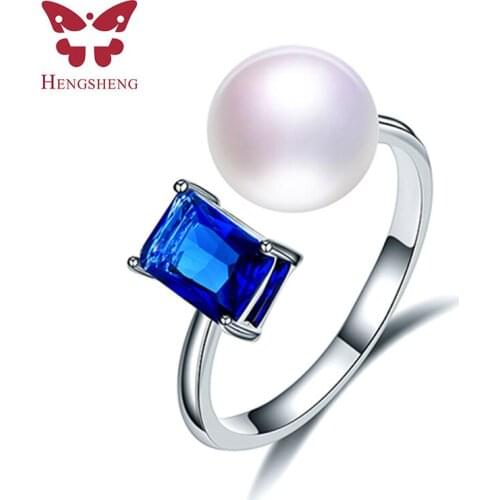 Royal blue square zircon 9mm natural freshwater pearl ring for women gift, 925 sterling silver women adjustable jewelry ring