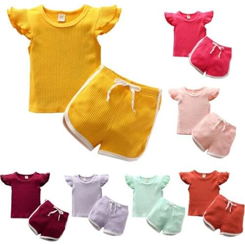 New Arrives Candy Color Summer Infant Kids Girls Clothes Sets Ruffles Solid Short Sleeve Tops Shorts 2pcs