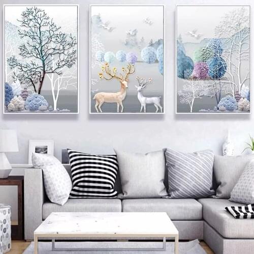 Abstract Winter Snow Landscape Deer Nordic Poster Home Wall Decorative Canvas Painting Prints Picture for Hotel Living Room