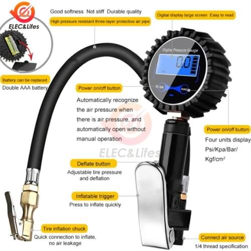 Car Truck Air Tire Inflator With Digital Pressure Gauge 200 PSI Air Chuck & Hose Pistol Type Automobile Pressure Gauge