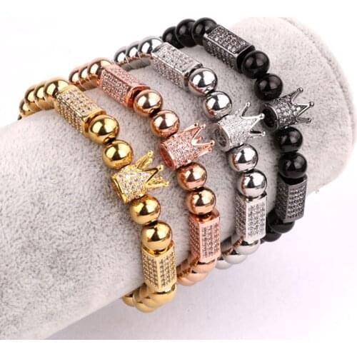 High Quality New Luxury Men Women Jewelry CZ Crown Charm Stainless Steel Beads Macrame Bracelet