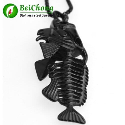 10 pieces/lot) Gold Fish Bone & Fishing Hook Pendant Necklaces Punk Style Men 316L Steel Link Chain 3 Colors Personality