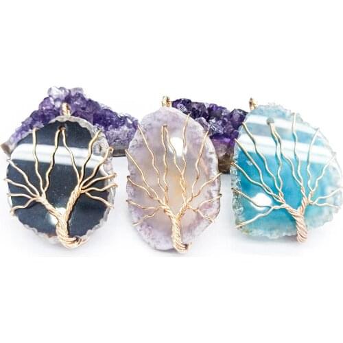Chakra Stripe Stone Healing Crystal Wire Wrapped Tree of Life Charms for Jewelry Making Meditation Reiki Balancing