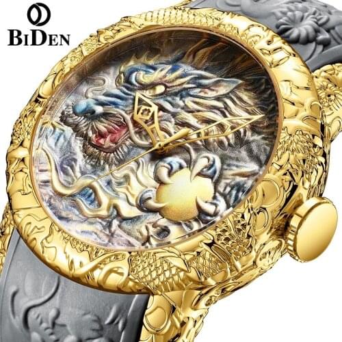 Biden Original Mens Fashion Casual Quartz WristWatches 3D Stereo Engraved Dragon Dial Male Cool Silicone Strap Relogio Masculino