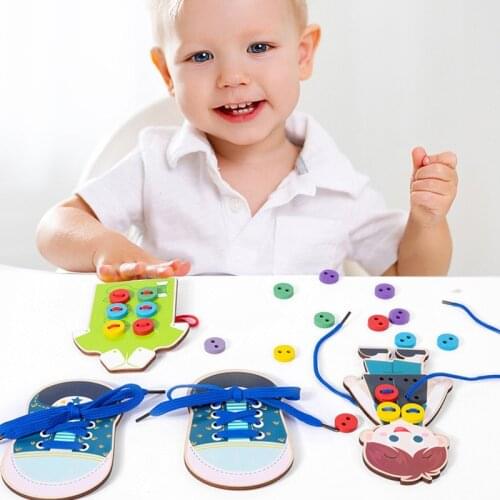 Cute Kids Wooden Shoes Clothes Threading Board Learning Toys Montessori Stitching Button Game Educational Basic Life Skill Toys