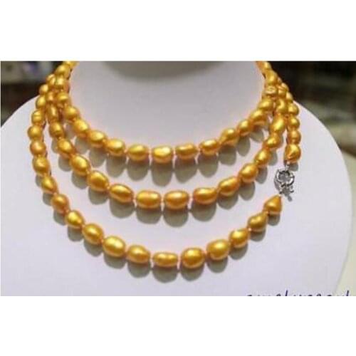 Long freshwater pearl necklace Golden yellow Baroque 9-10mm 48" Alloy "handmade"