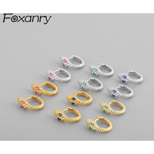Foxanry Prevent Allergy 925 Sterling Silver Earrings for Women Fashion Sparkling Colorful Zircon Snake Party Jewelry Ear Buckle