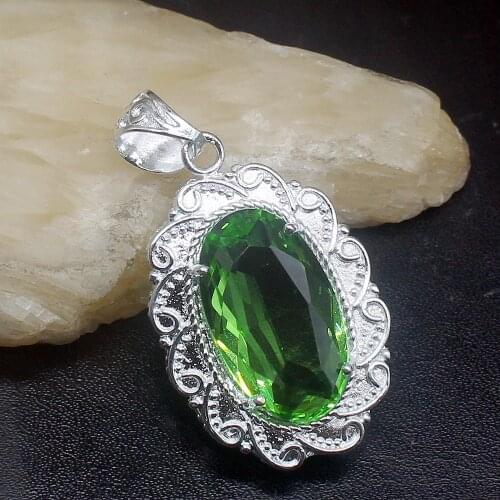 Gemstonefactory Jewelry Big Promotion 925 Silver Fantasy Oval Green Topaz Women Ladies Mom Gifts Necklace Pendant 20213637