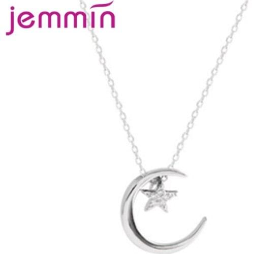 Lovely Luminous Moon And Star Shape Real 925 Sterling Silver Pendant Necklace For Women Link Chain Fine Jewelry Bijoux