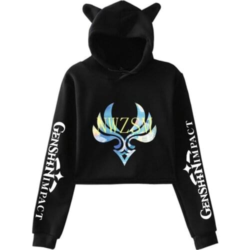 Hot Anime Hoody Genshin Impact Print Crop hoodies women Cat ears Exposed top Hooded Sweatshirt Unisex Tracksuit Clothes