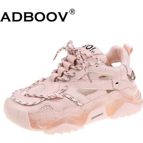 ADBOOV 2021 Summer Fashion Sneakers Women Hollow Design Breathable Leather Chunky Shoes Ladies