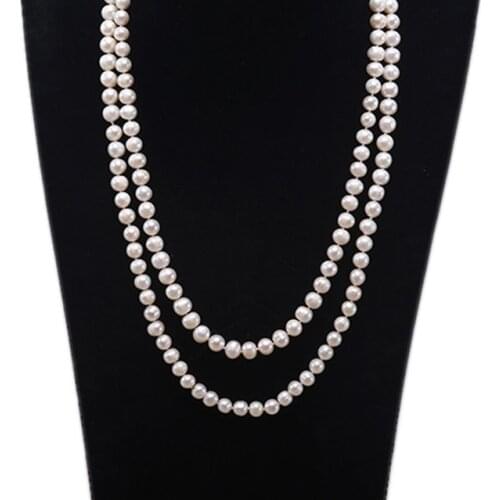 Natural Long Pearl Necklace Double Row White Round Real Freshwater Pearl Necklace Indian Jewelry 47"(7.5 mm)