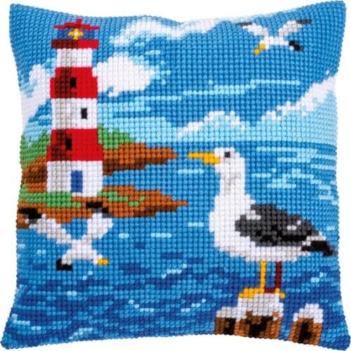 Cross Stitch Cushion Lighthouse & Seagulls Needlepoint Kits Pre-Printed Canvas Chunky Yarn Cross-stitch Pillow Case Arts & Craft