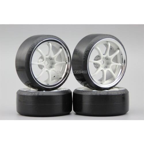 Pre-Glued 4pcs RC CS-R Drift Tires Tyre Wheel W8S1CW 3mm offset (Chrome+Painting White) With Silencing Sponge For 1/10 drift