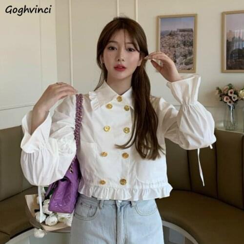 Shirts Women Bow Pleated Ruffles Flare Sleeve Solid Double Breasted Vintage Elegance Korean Style Elegant Delicate Preppy Sweet