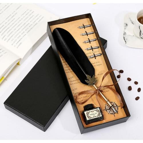 Retro Vintage Calligraphy Feather Pen Office Writing Pen Shearing Leaf Rod Teacher Stationery Set High Quality Tip Standard