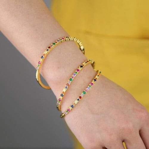 Inner diamater 58-60mm Rainbow multi color cubic zirconia open Cuff bangle bracelet for women 2019 colorful cz jewelry