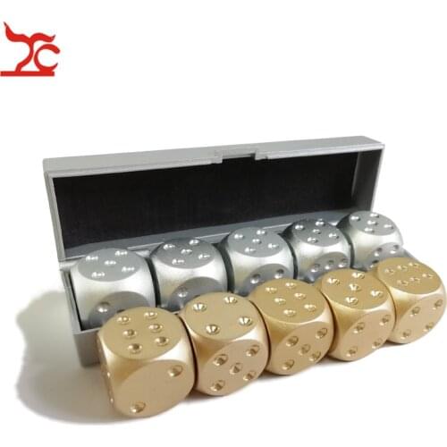 High Quality 5 Pcs/lot Golden Silver Color Solid Dominoes Metal Dice Aluminium Alloy Poker Game Portable Dice Poker With Box
