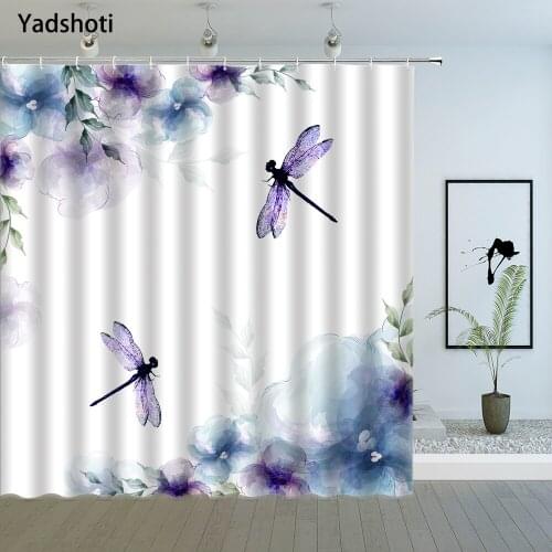Flower Dragonfly Shower Curtain Watercolor Floral Art Pattern Bathroom Decor Accessories Polyester Cloth Hanging Curtains Sets