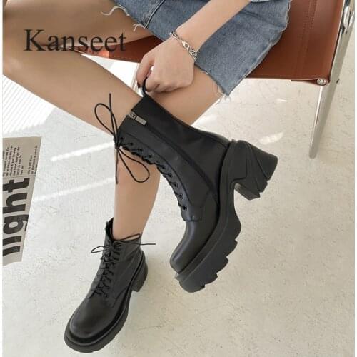 Kanseet Platform 2021 Autumn Winter Women Mid-Calf Boots High Quality Black Round Toe Real Leather Chunky Heels Zip Martin Boots