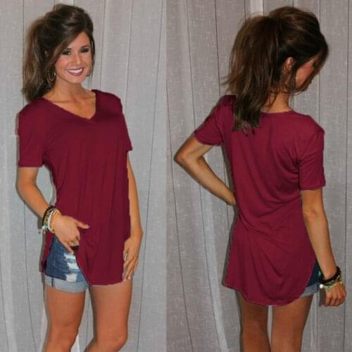 Womens T-shirt Summer Plus Size Basic Long T Shirt Top Women Solid V Neck Short Sleeve Long Casual Women Loose Tee Shirt Femme