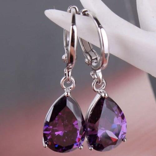 Dangle Earrings Women White Purple Color Crystal Stones Water Drop Design Romantic Style Jewelry Twinkling