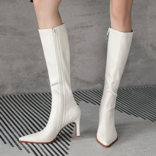 2021 Spring Autumn Women Knee High Boots Fashion Zipper Square High Heel Stretch Boots Ladies Pointed Toe Black White Long Boots