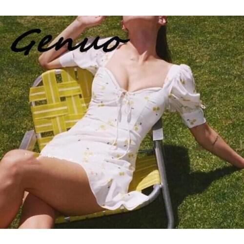 Genuo 2019 New Retro Yellow Cherry Print White Mini Dress French Women Tide Bow Short Sleeve Deep V Neck Slim Fit Short Dresses