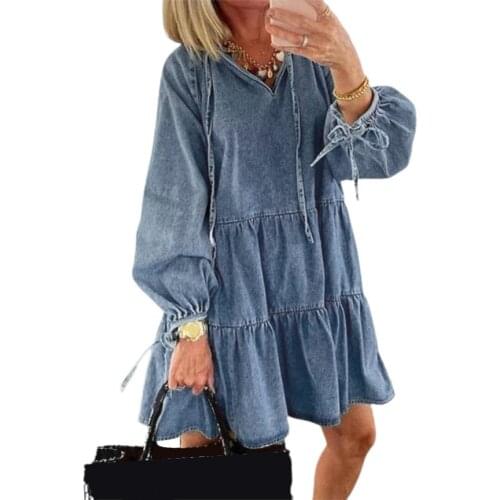 Women Casual Solid Color V Neck Long Sleeve Lace Up Large Hem A Line Mini Dress