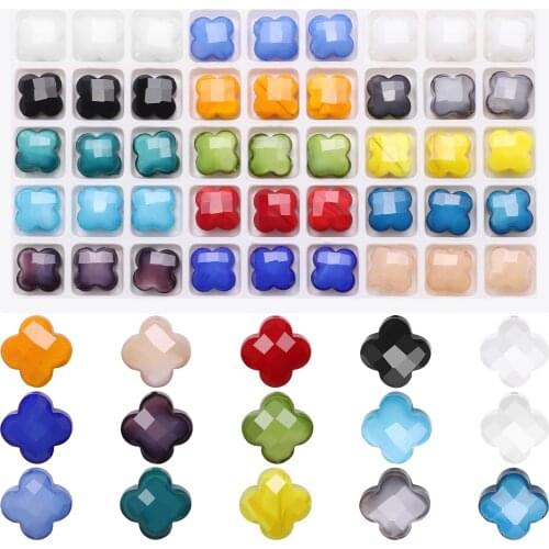 15 Colored Glass Four Clover Shape Beads 12MM 90Pcs/Box Faceted Gemstone Crystal Spacer Pendants for DIY Jewelry Making Necklace