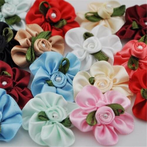 40pcs U Pick stain ribbon flower W/pearl wedding/sewing/appliques Lots A001
