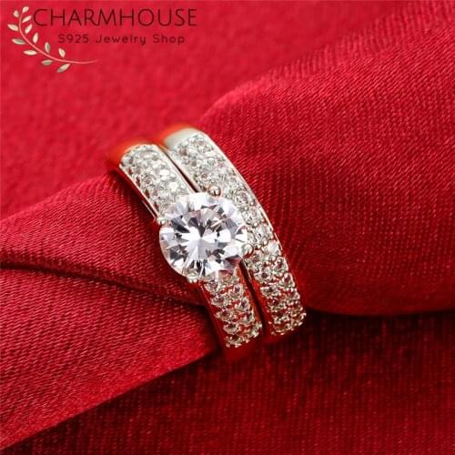Charmhouse 2pcs Pure 925 Silver Rings Set for Women AAA Zirconia Wedding Ring Bague Femme Engagement Jewelry Accessories Gifts